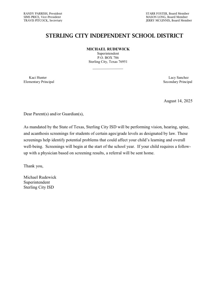 notice of health screenings