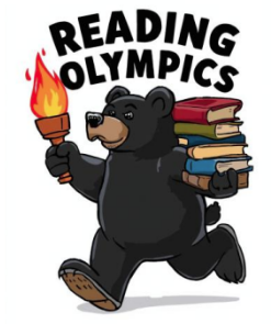 Reading Olympics. Black bear holding Olympic torch and books