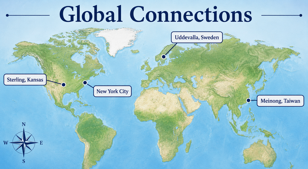 Global Connections world map. Sterling, Kansas; New York City; Uddevalla, Swede; Meinong, Taiwan