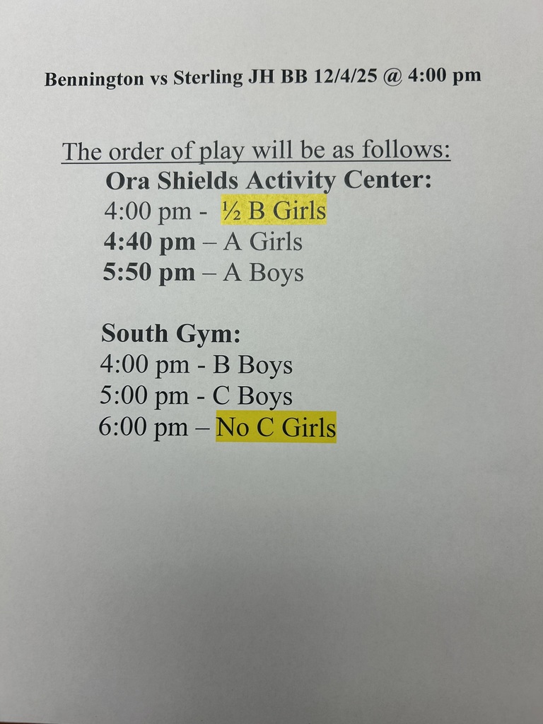 Bennington vs Sterling JH BB Schedule
