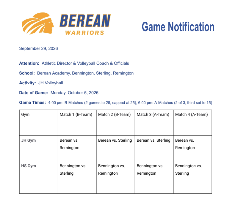 JH VB at Berean Academy