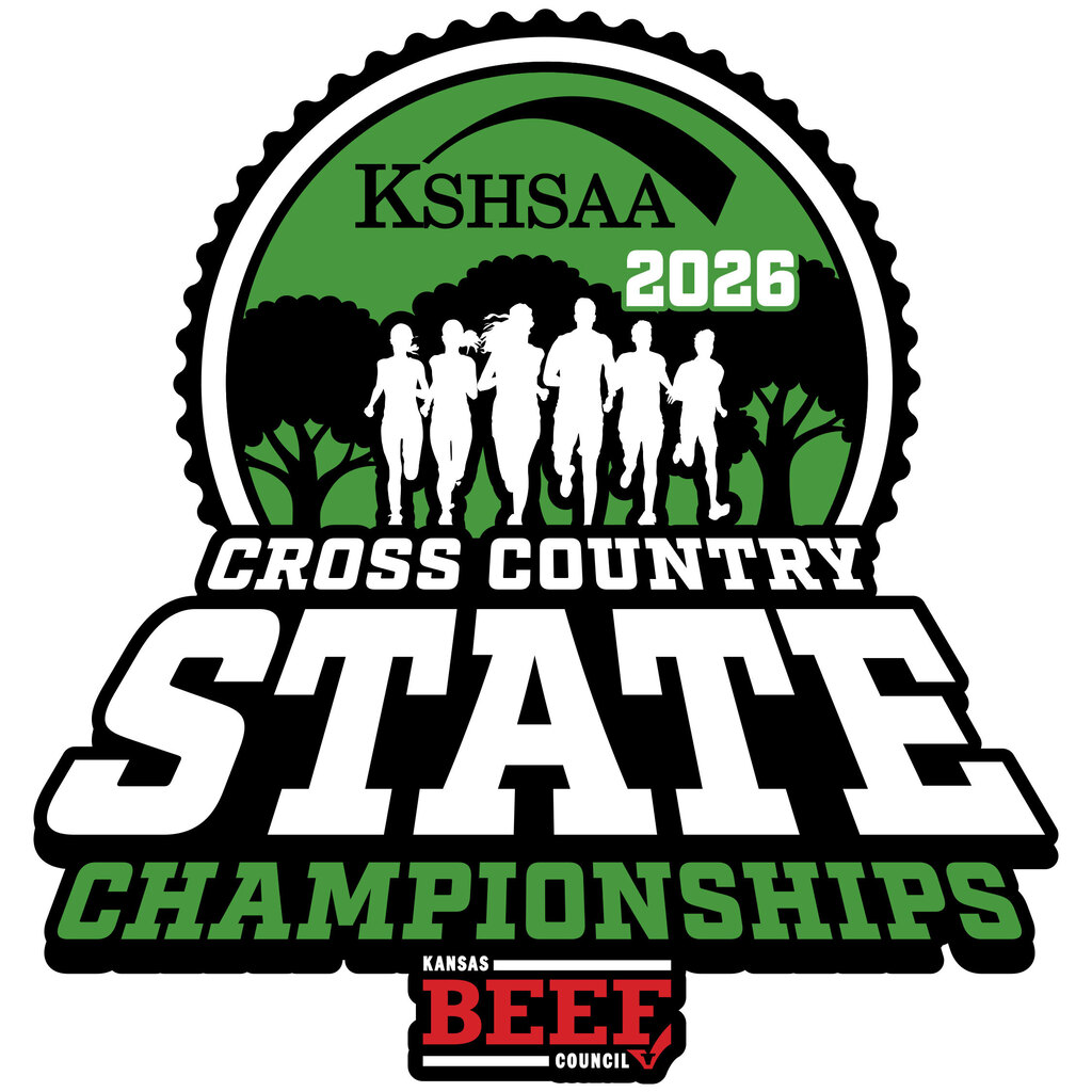 KSHSAA 2026 Cross Country State Championships logo with outlines of students running. The Championships are sponsored by the Kanas Beef Council. 
