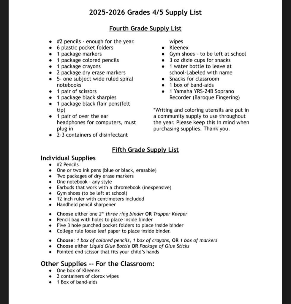 4th/5th Supply List