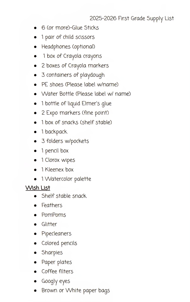 1st Grade Supply List 