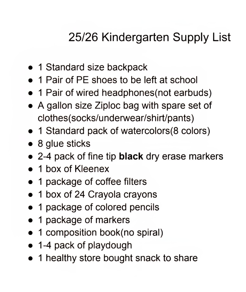 Kinder Supply List 