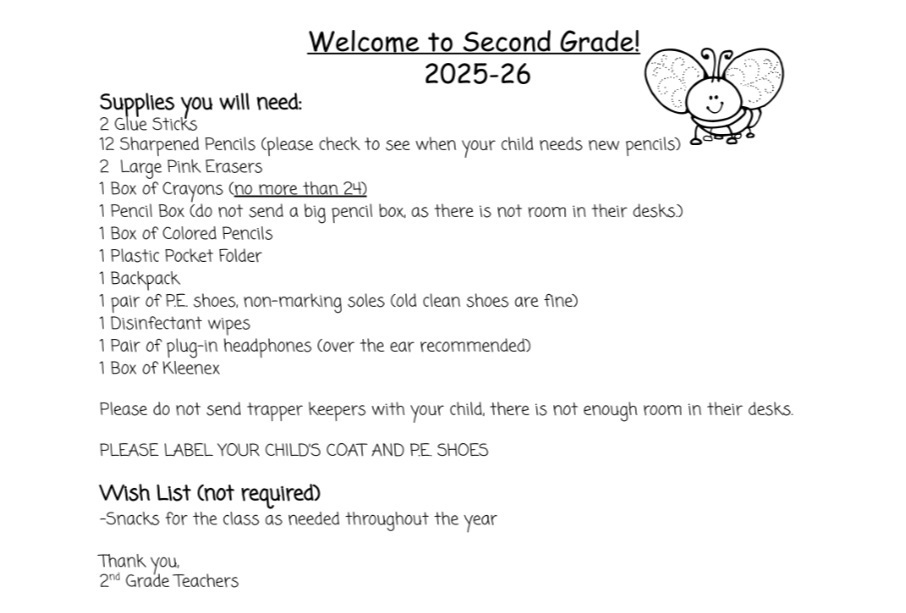 2nd Grade Supply List 