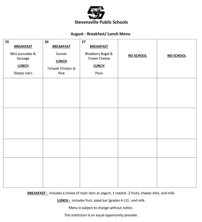 Lunch Menu for August