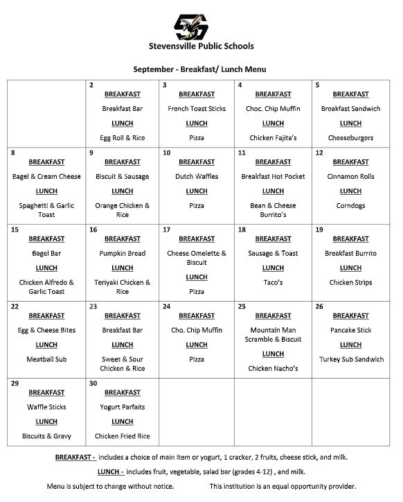 Lunch Menu for September