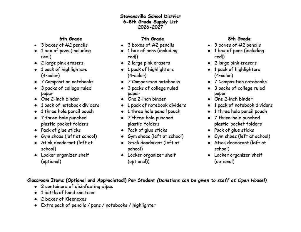 6-8 School Supply List