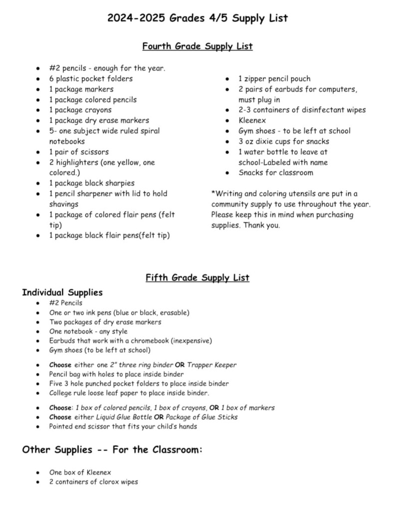 2024-2024 4-5 Grades Supply Lists