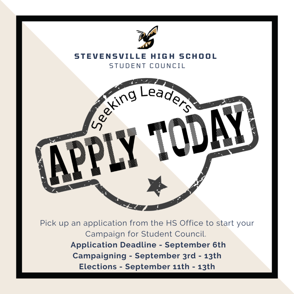 poster with information on how to apply for student council, applications are in the office, we are seeking leaders, apply today