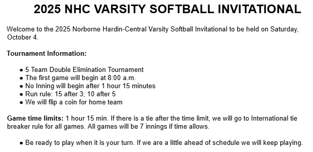 NHC Softball Tournament Info