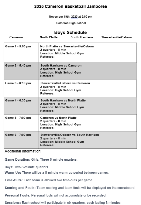 Boys BB Jamboree Schedule