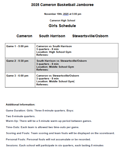 2025 HS Girls BB Jamboree Schedule