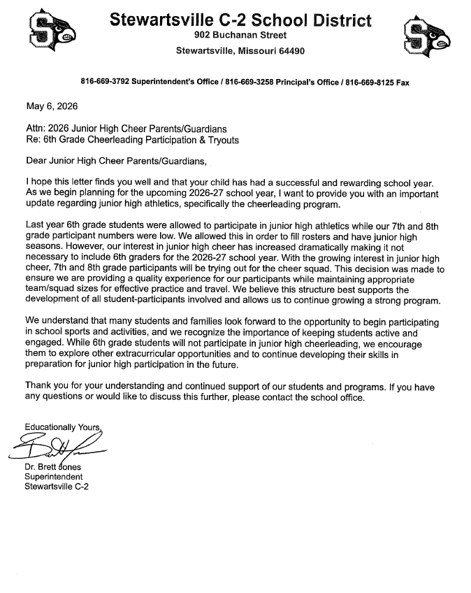 2026-27 Letter Regarding Junior High Cheerleading