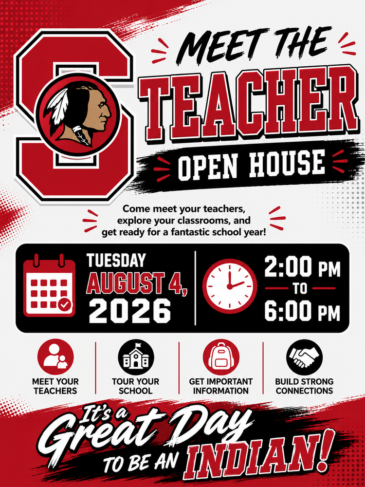 ADA-Compliant Alt Text A red, black, and white promotional graphic for Stilwell Public Schools' Meet the Teacher & Open House. The left side features a large red "S" logo with a Native American profile emblem in the center. The headline reads "Meet the Teacher" with "Open House" displayed below in bold lettering. The graphic invites families to meet teachers, explore classrooms, and get ready for the upcoming school year. Event details state Tuesday, August 4, 2026, from 2:00 PM to 6:00 PM, accompanied by calendar and clock icons. Along the bottom are four icons highlighting activities: Meet Your Teachers, Tour Your School, Get Important Information, and Build Strong Connections. The graphic concludes with the district slogan, "It's a Great Day to Be an Indian!" using the school colors of red, black, and white with energetic brushstroke accents.