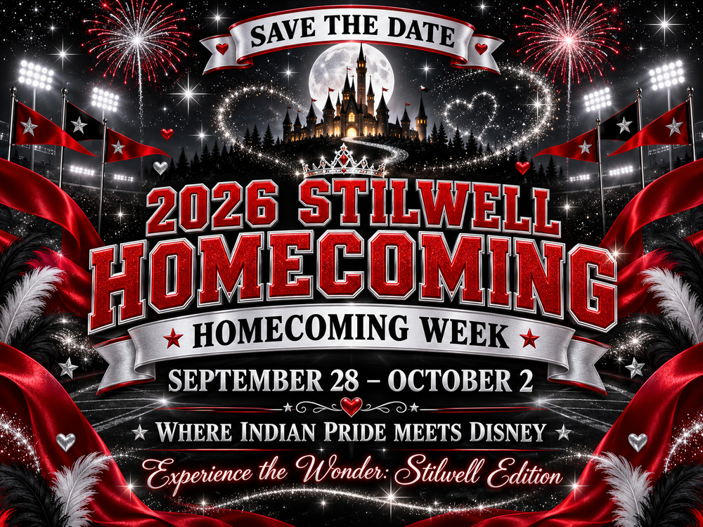 Stilwell Public Schools 2026 Homecoming save-the-date graphic. Homecoming Week is September 28–October 2. The theme is “Where Indian Pride Meets Disney—Experience the Wonder: Stilwell Edition.” The red, black, white, and silver design features a glowing castle, fireworks, stadium lights, flags, feathers, hearts, stars, and sparkling accents.
