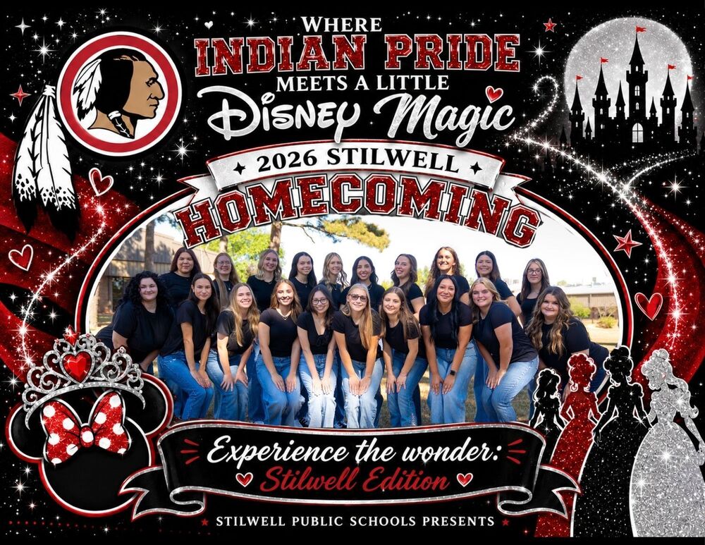 2026 Stilwell Homecoming graphic featuring the Stilwell Indian logo and a group photo of the SHS Homecoming Queens. The red, black, white, and silver Disney-inspired design includes a sparkling castle, tiara, mouse ears, princess silhouettes, feathers, stars, and magical accents. Text reads, “Where Indian Pride Meets a Little Disney Magic,” “2026 Stilwell Homecoming,” and “Experience the Wonder: Stilwell Edition.”