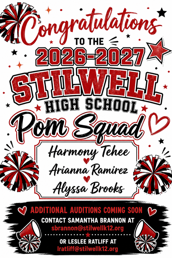 2026-2027 Stilwell High School Pom Squad Members. Harmony Tehee, Arianna Ramirez, Alyssa Brooks