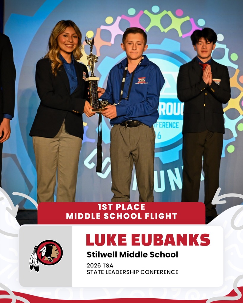 Midle School Student Luke Eubanks took 1st place competing in the flight competition in Norman, Ok at the Oklahoma TSA State Leadership Conference.