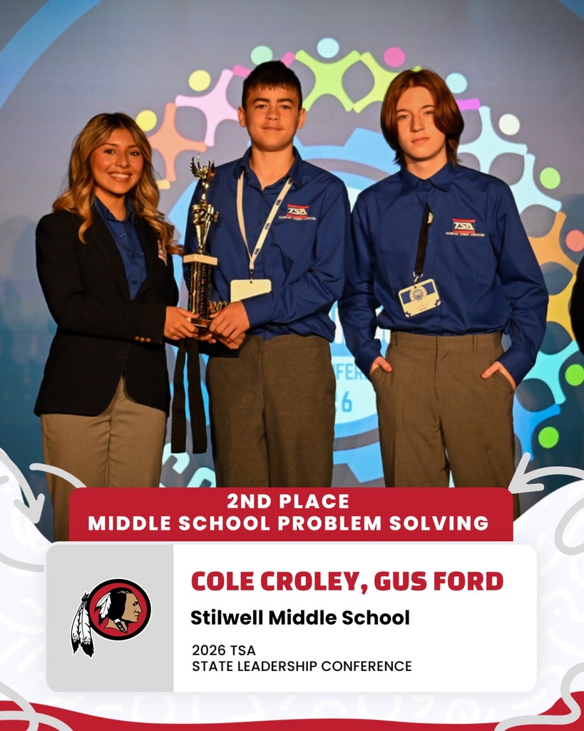 Cole Croley and Gus Ford placed 2nd place when competing in the Middle School Problem Solving competition in Norman, Ok at the Oklahoma TSA State LEadership Conference.