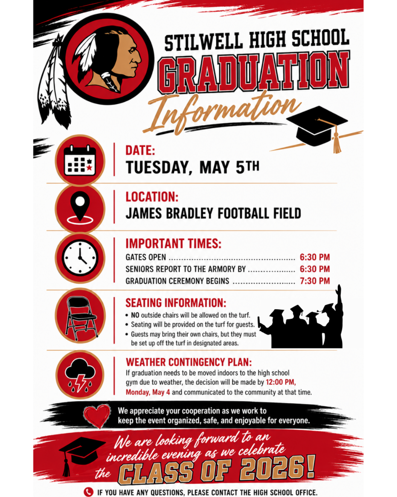 Stilwell High School Graduation Information. Gates open at 6:30pm, Senior Graduates need to at at the Armory at 6:30, Ceremony Starts at 7:30pm. Chairs may NOT be placed on the turf field.