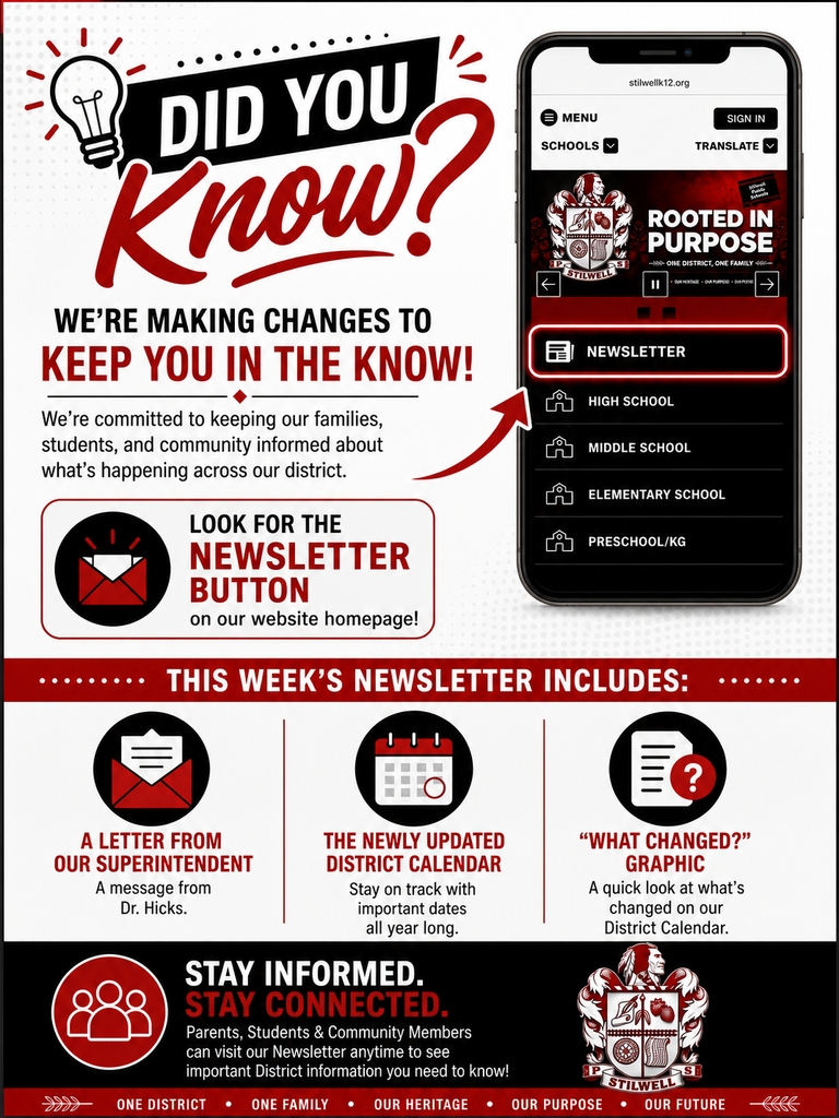 Graphic announcing Stilwell Public Schools’ website newsletter button. The weekly newsletter includes a letter from Superintendent Dr. Hicks, the updated district calendar, and a “What Changed?” district calendar graphic. Families, students, and community members can access the newsletter from the district website homepage.