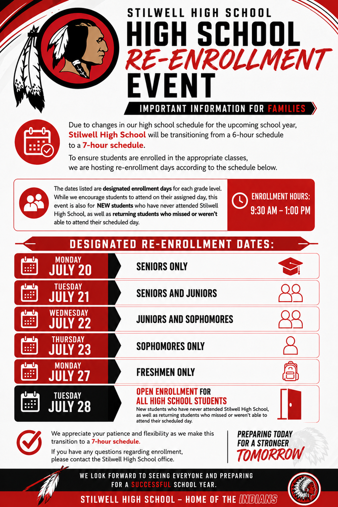 Stilwell High School re-enrollment event information for the 2026–2027 school year. Due to the transition from a 6-hour to a 7-hour schedule, students must re-enroll to ensure appropriate class placement. Enrollment hours are 9:30 a.m. to 1:00 p.m. Designated dates are July 20 for seniors; July 21 for seniors and juniors; July 22 for juniors and sophomores; July 23 for sophomores; July 27 for freshmen; and July 28 for open enrollment for all high school students, including new students and returning students who missed their scheduled day. For questions, contact the Stilwell High School office.