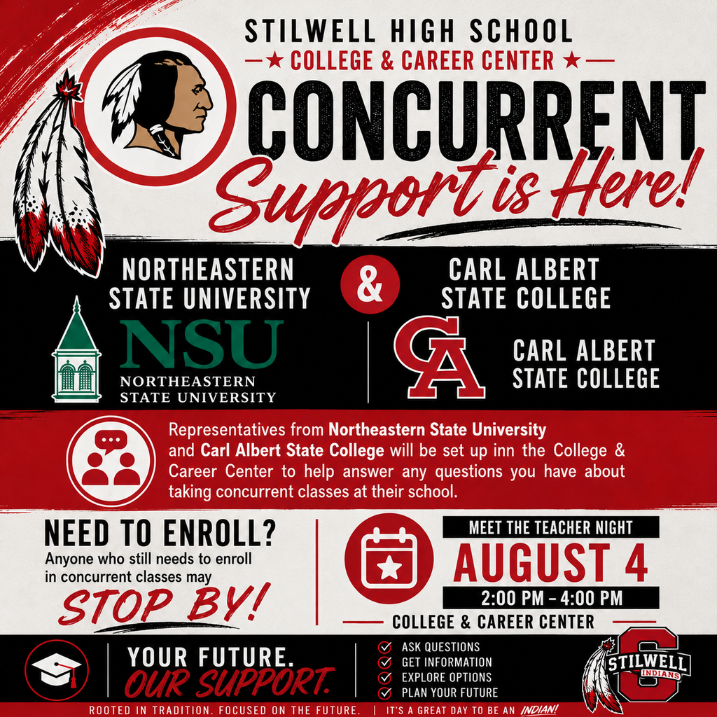 Flyer announcing concurrent enrollment support at the Stilwell High School College and Career Center. Representatives from Northeastern State University and Carl Albert State College will be available during Meet the Teacher Night on Tuesday, August 4, from 2:00 to 4:00 p.m. Students and families may ask questions, receive information about concurrent classes, explore college options, and get help completing enrollment.