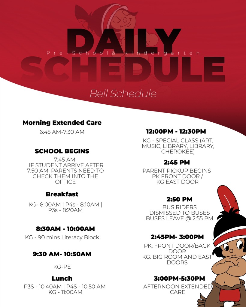 Graphic displaying the Stilwell Pre-K and Kindergarten daily bell schedule. Morning extended care is available from 6:45 to 7:30 a.m. School begins at 7:45 a.m.; students arriving after 7:50 a.m. must be checked in at the office by a parent or guardian. Breakfast is served at 8:00 a.m. for kindergarten, 8:10 a.m. for four-year-old Pre-K, and 8:20 a.m. for three-year-old Pre-K. Kindergarten literacy is from 8:30 to 10:00 a.m., and PE is from 9:30 to 10:50 a.m. Lunch begins at 10:40 a.m. for three-year-old Pre-K, 10:50 a.m. for four-year-old Pre-K, and 11:00 a.m. for kindergarten. Kindergarten special classes are from noon to 12:30 p.m. Parent pickup begins at 2:45 p.m. at the Pre-K front door and kindergarten east door. Bus riders are dismissed at 2:50 p.m., and buses leave at 2:55 p.m. Dismissal continues from 2:45 to 3:00 p.m. at the Pre-K front and back doors and the kindergarten big-room and east doors. Afternoon extended care is available from 3:00 to 5:30 p.m.