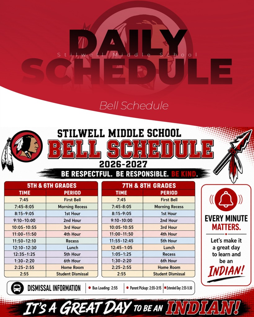 Graphic displaying the 2026–2027 Stilwell Middle School bell schedule. The school expectations are “Be respectful. Be responsible. Be kind.” For fifth and sixth grades: first bell at 7:45 a.m.; morning recess from 7:45 to 8:05; first hour from 8:15 to 9:05; second hour from 9:10 to 10:00; third hour from 10:05 to 10:55; fourth hour from 11:00 to 11:50; recess from 11:50 a.m. to 12:10 p.m.; lunch from 12:10 to 12:30; fifth hour from 12:35 to 1:25; sixth hour from 1:30 to 2:20; homeroom from 2:25 to 2:55; and student dismissal at 2:55 p.m. For seventh and eighth grades: first bell at 7:45 a.m.; morning recess from 7:45 to 8:05; first hour from 8:15 to 9:05; second hour from 9:10 to 10:00; third hour from 10:05 to 10:55; fourth hour from 11:00 to 11:50; fifth hour from 11:55 a.m. to 12:45 p.m.; lunch from 12:45 to 1:05; recess from 1:05 to 1:25; sixth hour from 1:30 to 2:20; homeroom from 2:25 to 2:55; and student dismissal at 2:55 p.m. Bus loading begins at 2:55 p.m., parent pickup is from 2:55 to 3:15 p.m., and Extended Day is available from 2:55 to 5:30 p.m. The graphic also states, “Every minute matters” and “It’s a Great Day to Be an Indian.”
