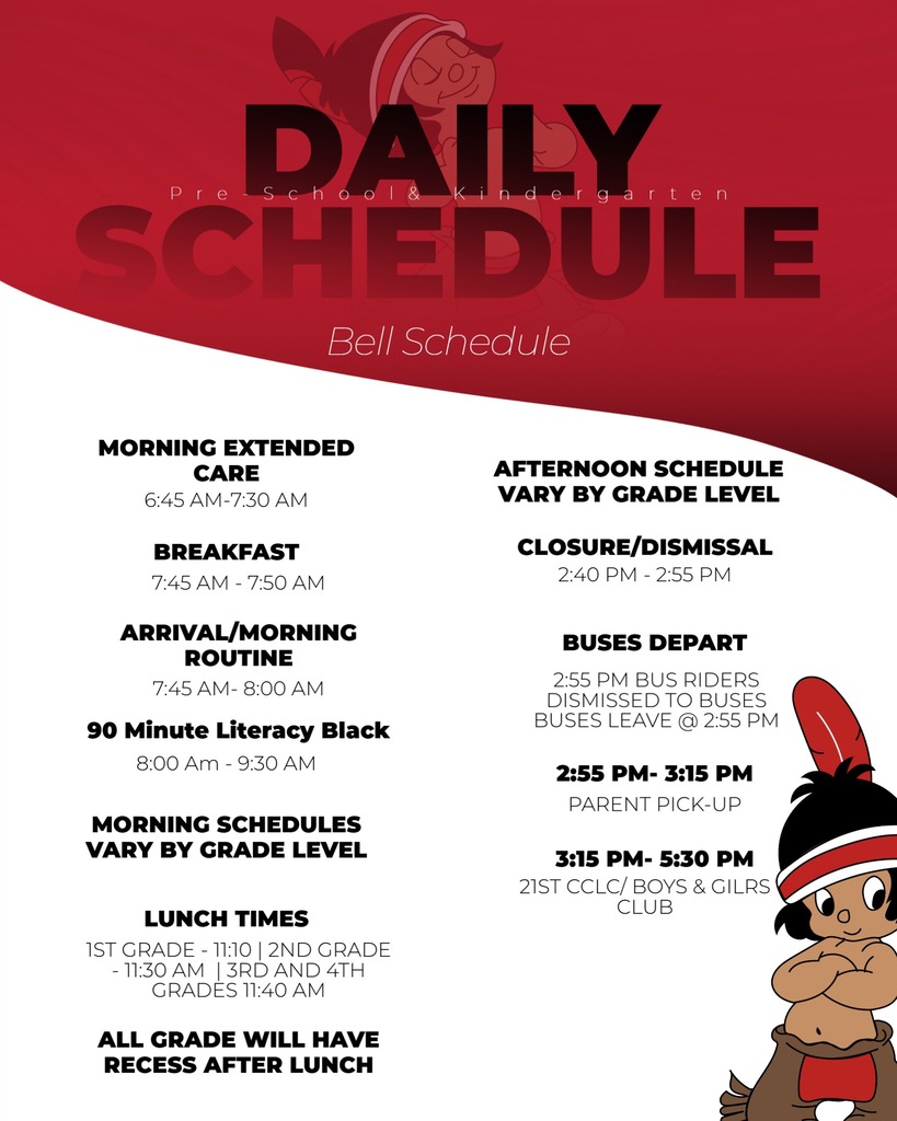 Stilwell Grade School bell schedule in red, black, and white. Early drop-off is 6:45–7:30 a.m.; breakfast, 7:30–7:50; arrival and morning routine, 7:45–8:00; and the literacy block, 8:00–9:30. Morning and afternoon schedules vary by grade. Lunch begins at 11:10 for first grade, 11:30 for second grade, and 11:40 for third and fourth grades, with recess afterward. Closure and dismissal are 2:40–2:55; buses depart at 2:55; parent pickup is 2:55–3:15; and 21st CCLC/Boys & Girls Club runs 3:15–5:30.