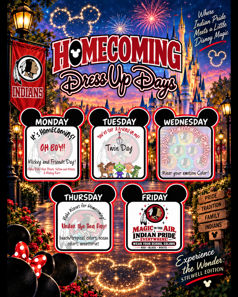 Colorful Disney-inspired Stilwell Homecoming dress-up days graphic featuring a glowing castle, fireworks, Mickey-shaped decorations, and the Stilwell Indians mascot. Monday is Mickey and Friends Day; Tuesday is Twin Day; Wednesday is Inside Out emotion-color day; Thursday is Under the Sea Day; and Friday is school spirit day in red, black, and white.