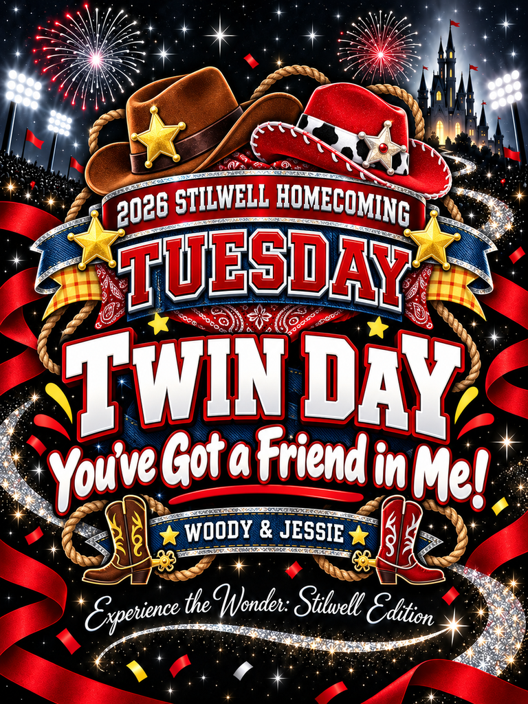 Tuesday: 2026 Stilwell Homecoming Tuesday dress-up day graphic. “Twin Day — You’ve Got a Friend in Me!” Students can dress as twins or wear Western-inspired attire. Graphic features cowboy hats, boots, bandanas, rope, sheriff stars, fireworks, and red, black, and white school accents.