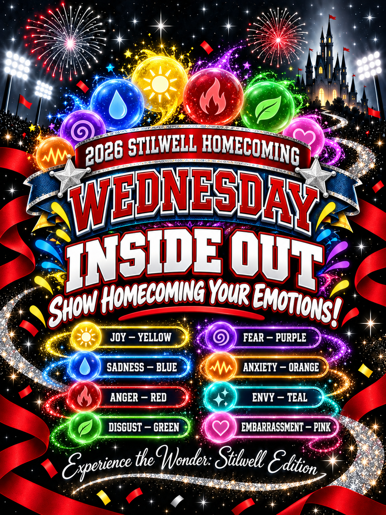 Wednesday: 2026 Stilwell Homecoming Wednesday dress-up day graphic. “Inside Out — Show Homecoming Your Emotions!” Students can wear a color representing an emotion: Joy—yellow, Sadness—blue, Anger—red, Disgust—green, Fear—purple, Anxiety—orange, Envy—teal, or Embarrassment—pink.
