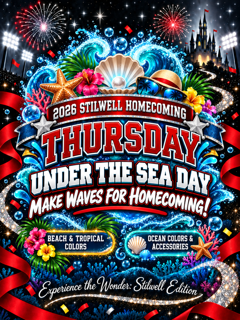 Thursday: 2026 Stilwell Homecoming Thursday dress-up day graphic. “Under the Sea Day — Make Waves for Homecoming!” Students are encouraged to wear beach and tropical colors, ocean colors, or accessories. Graphic features ocean waves, seashells, tropical flowers, coral, starfish, and school-color accents.