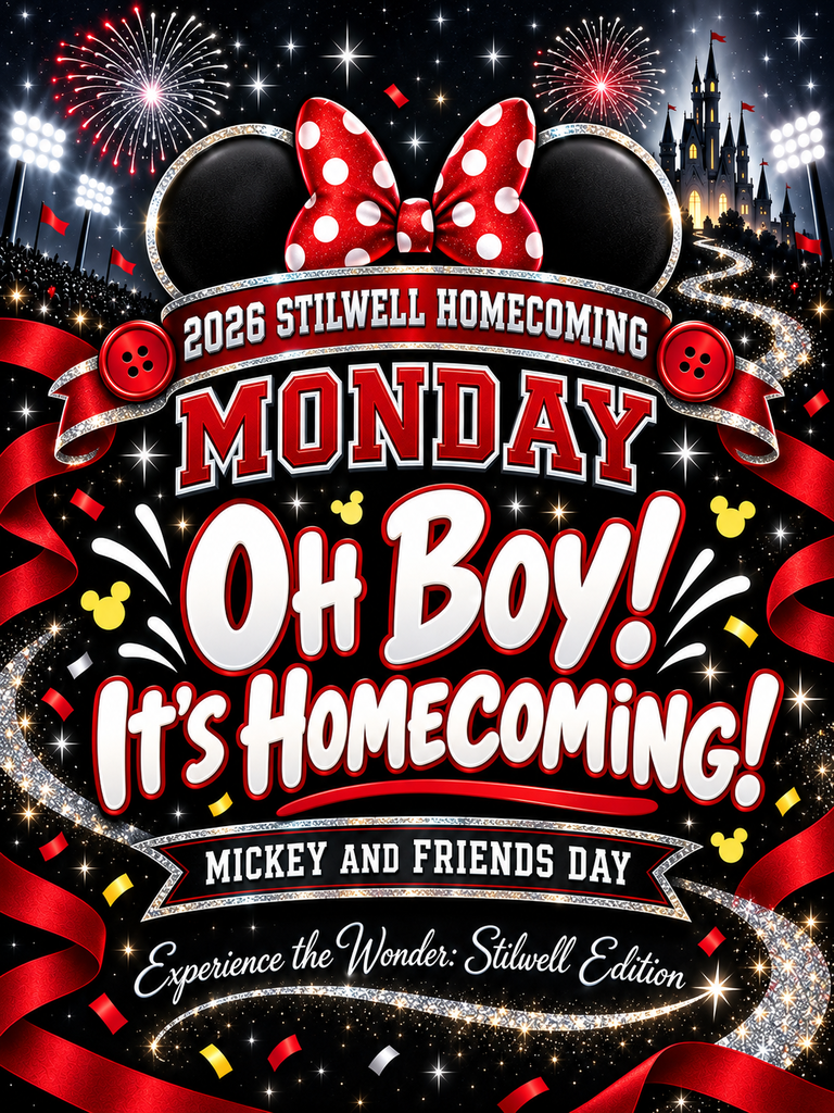 Monday: 2026 Stilwell Homecoming Monday dress-up day graphic. “Oh Boy! It’s Homecoming!” Students are encouraged to dress for Mickey & Friends Day. Graphic features red, black, and white school colors, mouse ears with a red polka-dot bow, fireworks, a castle, and the theme “Experience the Wonder: Stilwell Edition.”