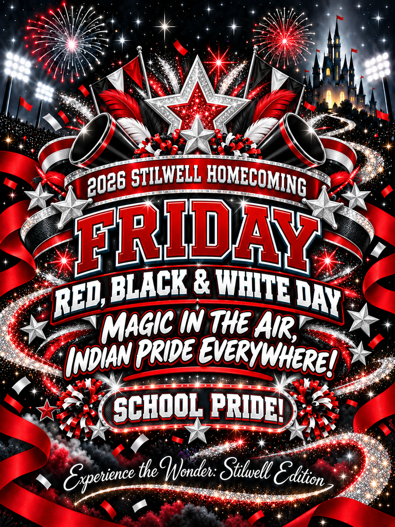 Friday: 2026 Stilwell Homecoming Friday dress-up day graphic. “Red, Black & White Day — Magic in the Air, Indian Pride Everywhere!” Students and staff are encouraged to wear Stilwell school colors and show their school pride. Graphic features red, black, and white spirit decorations, megaphones, pom-poms, flags, stars, fireworks, and the theme “Experience the Wonder: Stilwell Edition.”