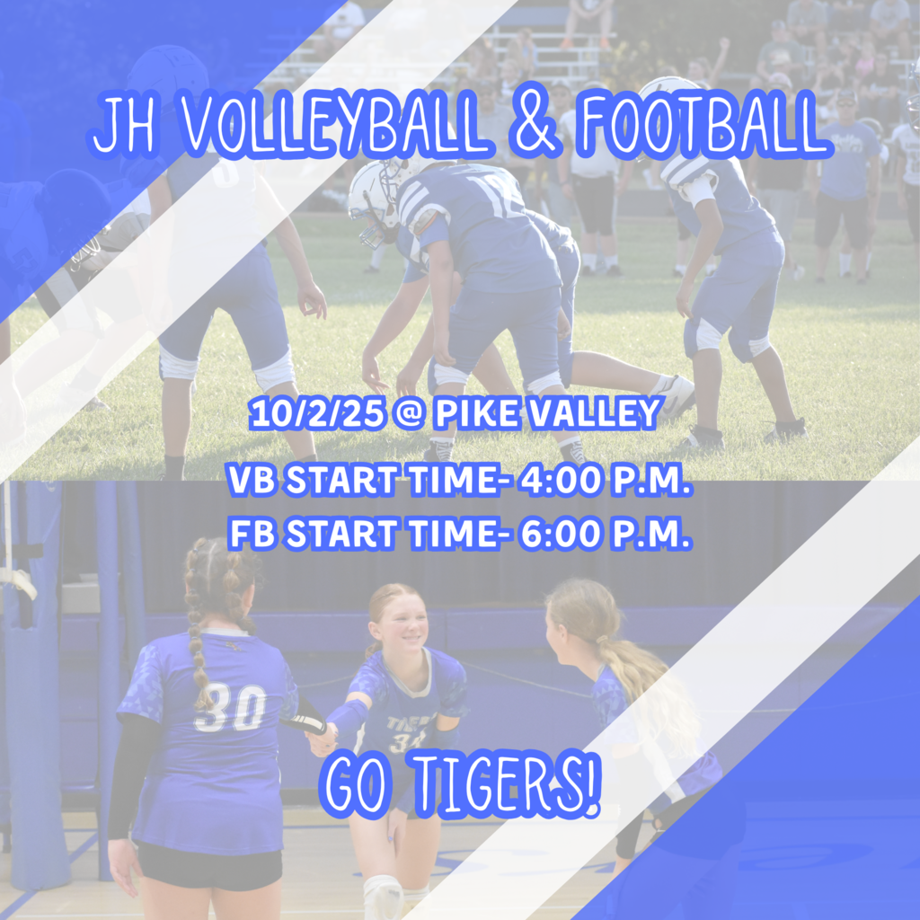 Good luck to our JH teams today! They play in Pike Valley starting @ 4:00 p.m. for volleyball and 6:00 p.m. for football!