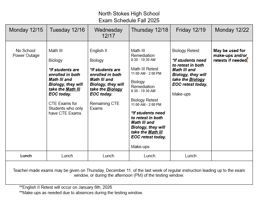 Revised Testing Schedule for NSHS - December 16th-22nd 