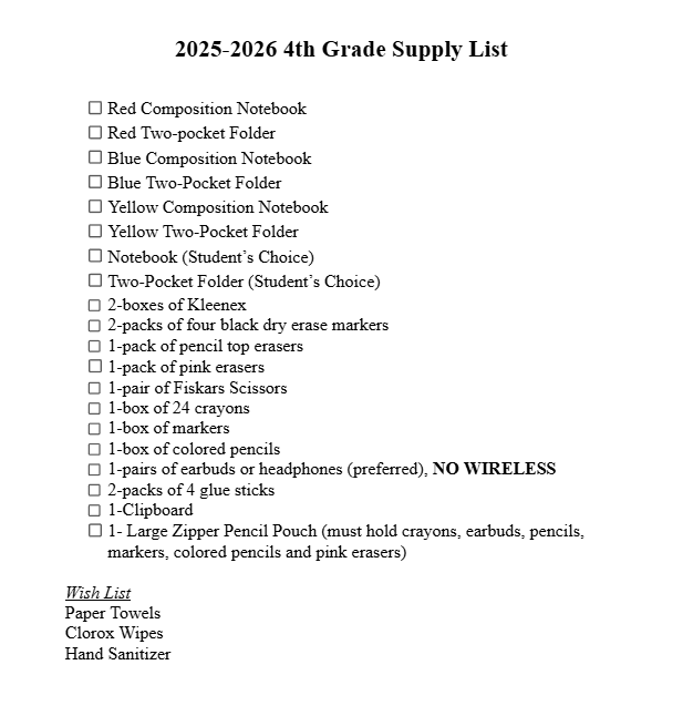 4th Supply List 25-26