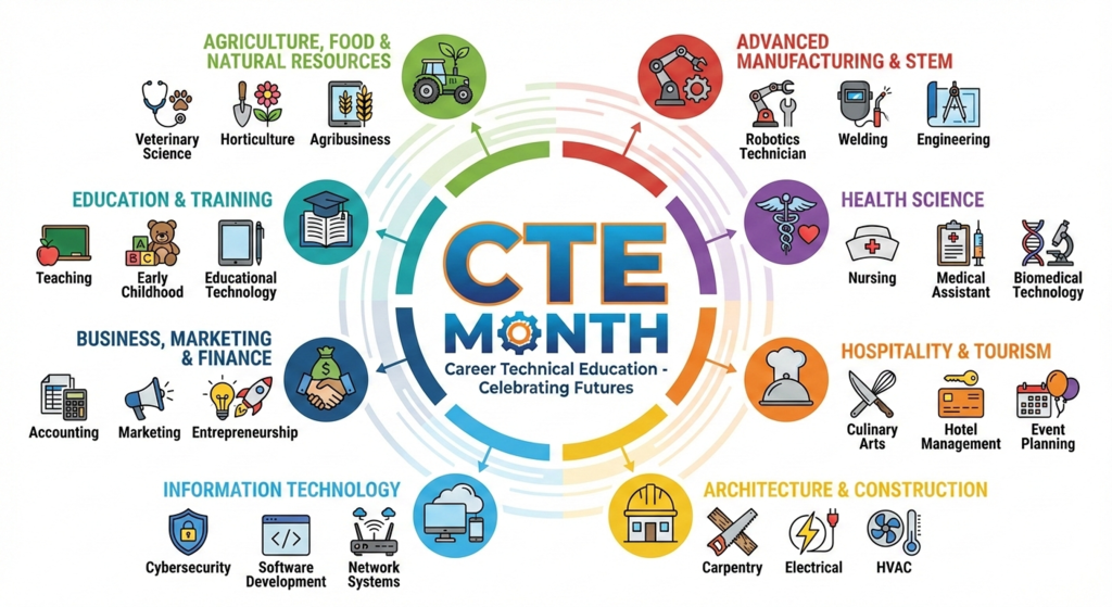 Here is the descriptive alternative text (alt text) for the infographic.  Alt Text:  An infographic titled "CTE MONTH: Career Technical Education - Celebrating Futures." The text is centered in a colorful circle with arrows pointing outward to eight career clusters, each illustrated with icons and specific job examples.  Agriculture, Food & Natural Resources: Features icons for Veterinary Science, Horticulture, and Agribusiness.  Advanced Manufacturing & STEM: Features icons for Robotics Technician, Welding, and Engineering.  Health Science: Features icons for Nursing, Medical Assistant, and Biomedical Technology.  Hospitality & Tourism: Features icons for Culinary Arts, Hotel Management, and Event Planning.  Architecture & Construction: Features icons for Carpentry, Electrical, and HVAC.  Information Technology: Features icons for Cybersecurity, Software Development, and Network Systems.  Business, Marketing & Finance: Features icons for Accounting, Marketing, and Entrepreneurship.  Education & Training: Features icons for Teaching, Early Childhood, and Educational Technology.