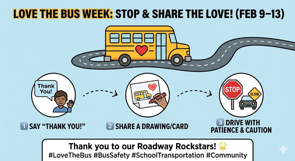 An infographic titled "Love the Bus Week: Stop & Share the Love! (Feb 9–13)." A yellow school bus with a red heart painted on the side drives along a winding gray road against a light blue background.  Below the bus are three circular icons illustrating ways to show appreciation:  A smiling person waving with a speech bubble that reads "Thank You!" labeled "1. Say 'Thank You!'"  Hands coloring a picture of a bus and a heart, labeled "2. Share a Drawing/Card"  A red Stop sign and a yellow Slow sign next to a car, labeled "3. Drive with Patience & Caution"  A white box at the bottom reads, "Thank you to our Roadway Rockstars! ⭐" followed by the hashtags #LoveTheBus, #BusSafety, #SchoolTransportation, and #Community.