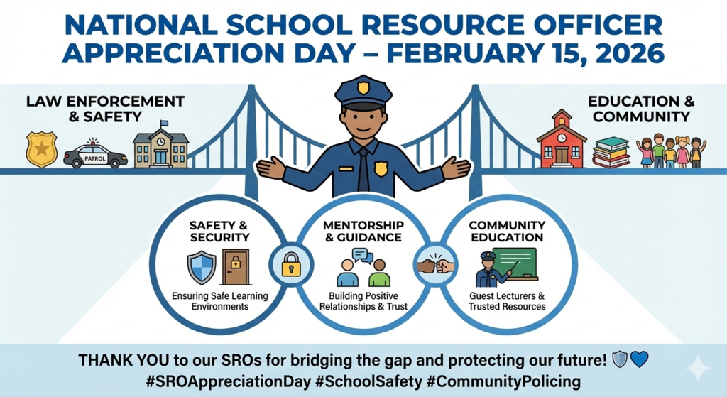 An infographic titled "National School Resource Officer Appreciation Day – February 15, 2026."  The main visual features a bridge connecting two sides: "Law Enforcement & Safety" on the left (illustrated with a badge and patrol car) and "Education & Community" on the right (illustrated with a schoolhouse and students). A smiling police officer stands in the center of the bridge with open arms, representing the link between the two.  Below the bridge, three circles highlight the key roles of an SRO:  Safety & Security: Ensuring Safe Learning Environments.  Mentorship & Guidance: Building Positive Relationships & Trust.  Community Education: Acting as Guest Lecturers & Trusted Resources.  The text at the bottom reads: "Thank you to our SROs for bridging the gap and protecting our future! 🛡️💙 #SROAppreciationDay #SchoolSafety #CommunityPolicing"