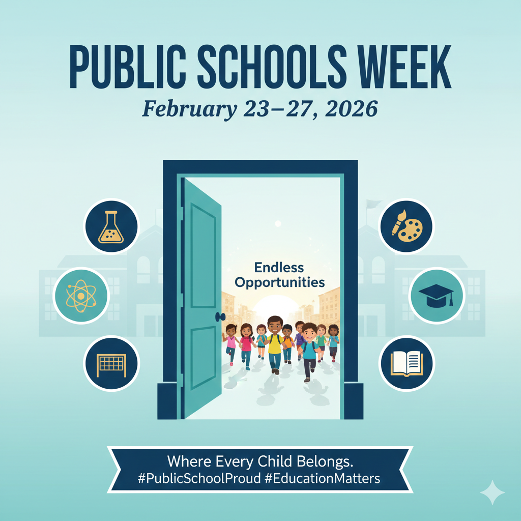 An infographic titled "PUBLIC SCHOOLS WEEK: February 23–27, 2026."  The central image features a large, open blue door. Through the doorway, a diverse group of happy students is walking forward into a bright light, with the text "Endless Opportunities" floating above them.  Surrounding the door are six circular icons representing different aspects of education:  Left side: A science beaker, an atom, and a sports net.  Right side: An art palette, a graduation cap, and an open book.  A dark blue banner at the bottom reads: "Where Every Child Belongs. #PublicSchoolProud #EducationMatters".