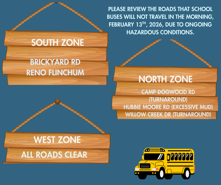 Please review the roads that school buses will not travel in the morning, Friday February 13th, 2026, due to ongoing hazardous conditions.
