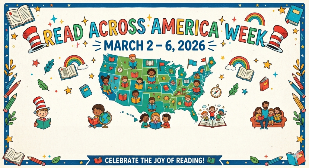 Gemini said A vintage-style illustration for Read Across America Week, March 2–6, 2026, featuring diverse children reading. The graphic includes a map of the United States, several open books, rainbows, stars, and Dr. Seuss hats, with "CELEBRATE THE JOY OF READING!" at the bottom.