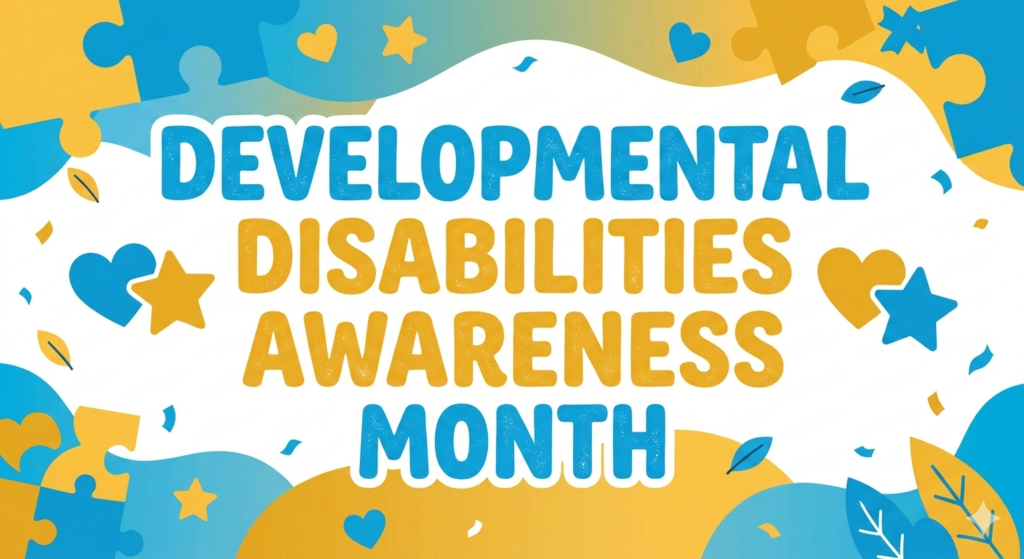 Gemini said A vibrant social media graphic with a white central area and a patterned border in blue and gold. The border features abstract shapes, puzzle pieces, hearts, and stars. Large, bold, bubble-style text in the center reads: "DEVELOPMENTAL DISABILITIES AWARENESS MONTH," with the words "DEVELOPMENTAL" and "MONTH" in blue, and "DISABILITIES AWARENESS" in gold. The overall style is playful and uplifting.