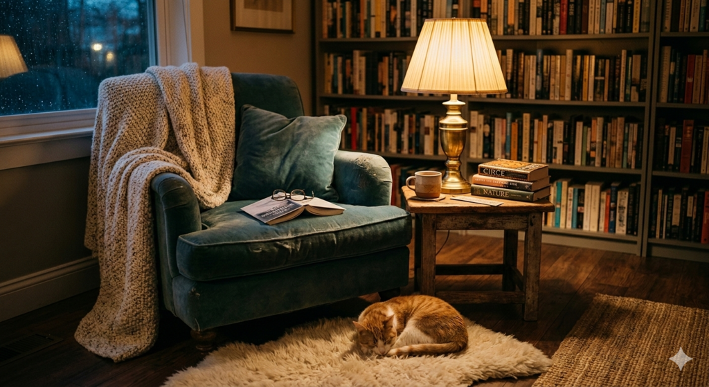 A photograph taken from a slightly low angle captures a cozy reading corner with an armchair, a side table, and a bookshelf. The deep blue, plush-velvet armchair is on the left, looking soft and welcoming. A thick, white knitted throw blanket is loosely draped over the chair's back and one arm, while an open book and a pair of round-framed reading glasses rest on the seat. To the right of the armchair, there is a small, wooden side table. On it, a golden brass-based lamp with a cream-colored pleated lampshade is lit, casting a warm glow. Next to the lamp, there's a stack of three books with readable spines: the top one is "CIRCE" with a black spine, the middle one is reddish-orange and its title is obscured, and the bottom one is green and titled "NATURE." A ceramic mug filled with a dark liquid sits on a cork coaster nearby. Behind the chair and table, a floor-to-ceiling bookshelf is completely filled with books, the warm lamp light reflecting off their spines. A window with a dark blue curtain frame is on the leftmost edge of the image, showing a dark, blurred view. On the wooden plank floor, a white sheepskin rug sits under the front of the armchair and the table, and on it, an orange and white tabby cat is curled up and asleep.