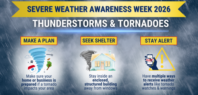 "An infographic for Severe Weather Awareness Week 2026 highlighting thunderstorm and tornado safety tips: 'Make a Plan' to prepare your home or business; 'Seek Shelter' inside an enclosed building away from windows; and 'Stay Alert' by using multiple ways to receive weather watches and warnings."